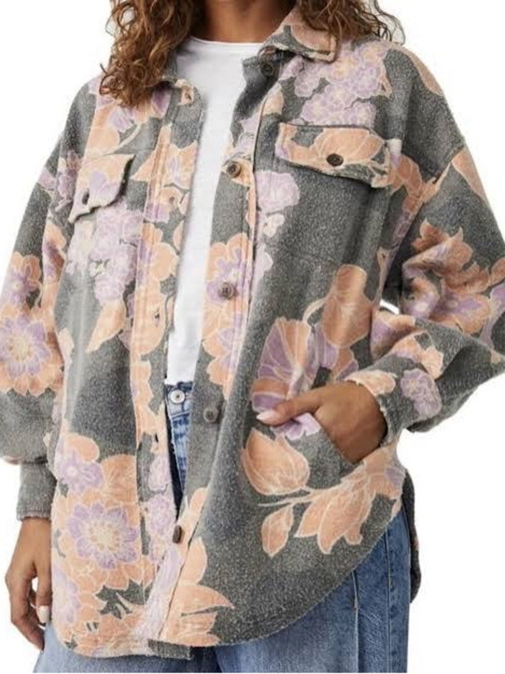 Free People Printed Ruby Jacket in Charcoal /Floral — L/G